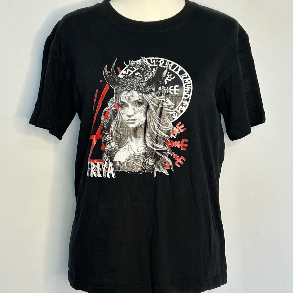 Freya Norse Goddess Graphic T-Shirt Small Black Cotton Viking Fantasy Goth